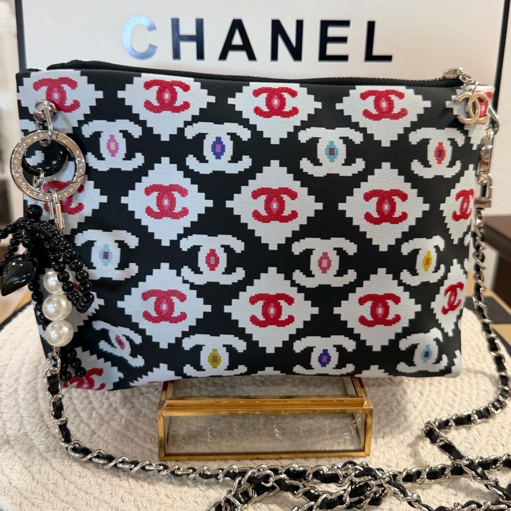 CHANEL Black & White Logo Pattern Crossbody Bag